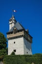 Close-up of tower of the Dukes of Savoy`s castle, with blue sky in ChambÃÂ©ry.