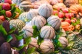 Close up. A tower of juicy ripe melons at a Spanish bazaar