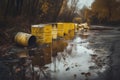 close-up of toxic waste spill, with hazardous chemicals seeping into the environment