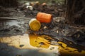 close-up of toxic waste spill, with hazardous chemicals seeping into the environment Royalty Free Stock Photo