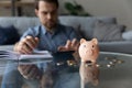 Close up of toy pink piggy bank and coins Royalty Free Stock Photo