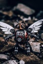 A close up of a toy robot with wings. Generative AI image.