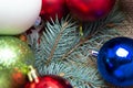 Close up of toys on a christmas tree. Winter holiday background Royalty Free Stock Photo