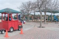 Kid trackless train ride in public winter event in Irving, Texas