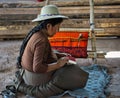 Close-up of traditional Aymara weaving in the making on an old fashioned wooden loom Royalty Free Stock Photo