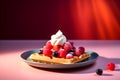 Close up of traditional belgian waffles with vanilla ice cream and berries isolated on trendy colorful background with copy space