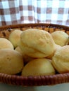 Close-up of traditional Brazilian cheese bread (pÃÂ£o de queijo) in a basket. Delicious snack.