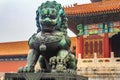 Bronze Imperial guardian lion in famous Forbidden City Beijing C Royalty Free Stock Photo