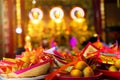 Close up of Traditional Chinese talisman and orange fruit for pay homage to god`s lucky in chinese temple, Selective focus