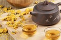 Close up of traditional Chinese tea pot and yellow Camomile flowers