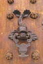 Close-up of traditional door knocker on wooden door in Cartagena, Colombia Royalty Free Stock Photo