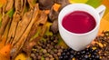 Close up of traditional Ecuadorian dish, colada morada and differente species over a colorful fabric