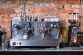 Traditional Espresso Coffee Machine and coffee grinder. Royalty Free Stock Photo