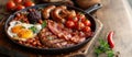 Close-up traditional full English breakfast on a frying pan, with bacon, sausage, eggs, tomatoes, and baked beans Royalty Free Stock Photo