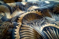 Close Up of Traditional Gold and Blue Patterned Fabric Texture Elegant Textile Design Detail Royalty Free Stock Photo