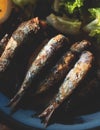 Close-up of traditional greek dish - grilled sardines, roasted sardinas on a plate with potatoes and vegetables, in Corfu island Royalty Free Stock Photo