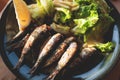 Close-up of traditional greek dish - grilled sardines, roasted sardinas on a plate with potatoes and vegetables, in Corfu island Royalty Free Stock Photo