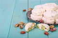 Close up of Traditional Iranian and Persian pieces of white nougat dessert sweet candies (Gaz) with Pistachio nuts from Isfahan C Royalty Free Stock Photo