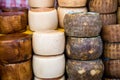 Close up of traditional Italian cheese exposed for sale Royalty Free Stock Photo