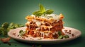 Close-up of a traditional lasagna made with minced beef bolognese sauce topped with basil leafs served on a white plate