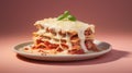 Close-up of a traditional lasagna made with minced beef bolognese sauce topped with basil leafs served on a white plate