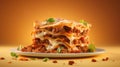 Close-up of a traditional lasagna made with minced beef bolognese sauce topped with basil leafs served on a white plate Royalty Free Stock Photo