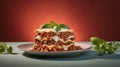 Close-up of a traditional lasagna made with minced beef bolognese sauce topped with basil leafs served on a white plate Royalty Free Stock Photo