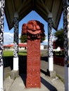 Close up of Traditional Maori Wooden carved sculpture new zealand