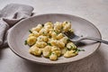 Close up traditional Mediterranean gnocchi, prepared with potato and flour dough with cream sauce and parsley, pricked