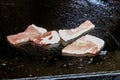 Closeup of Traditional pork tepanyaki on hot pan in Japan