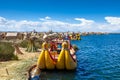 Close-up traditional reed boat as transportation for tourists, floating Uros islands on lake Titicaca in Peru, South