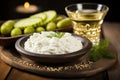 Close-up of traditional russian dumplings, vodka, and pickled cucumbers on table