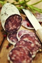 Traditional sliced meat sausage salami on wooden board