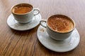 Traditional turkish hot drink sahlep or salep in white cup on brown background.