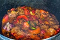 Close up of traditional Uzbek shurpa dish made from lamb and various vegetables at the open fire in cast iron cauldron Royalty Free Stock Photo