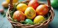 Close up of a Traditional Woven Easter Basket Overflowing with Painted Eggs and Spring Grass Macro close Royalty Free Stock Photo