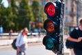 Close-up of a traffic light for cyclists, which is lit in red. A bicycle is shown on the traffic light Royalty Free Stock Photo