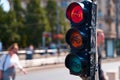 Close-up of a traffic light for cyclists, which is lit in red. A bicycle is shown on the traffic light Royalty Free Stock Photo