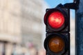 Close-up of traffic semaphore with red light on defocused city street background with copy space Royalty Free Stock Photo