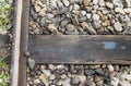 Close up of train track, spike, and wooden railroad tie. Royalty Free Stock Photo