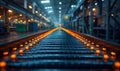 a close up of train tracks in a factory with lights on them Royalty Free Stock Photo