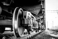 Close-up of a train wheel. Black and white photo with grainy effec Royalty Free Stock Photo