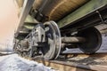 Close-up of train wheels. Bottom view. Winter