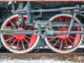 Close up with train wheels on track. Wheels of a train on the railway tracks Royalty Free Stock Photo