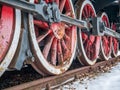 Close up with train wheels on track. Wheels of a train on the railway tracks Royalty Free Stock Photo