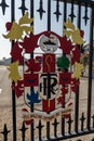 Close up of Tranmere Rovers crest on the main gates at Prenton Park Wirral April 2019