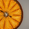 Close-up of a translucent orange slice showing intricate patterns of the vesicles. The Royalty Free Stock Photo