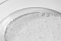 Close-up transparent gel cleanser with air bubbles in glass petri dish on white background with selective focus. Cosmetic