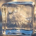 Close-up of a transparent ice cube capturing a dynamic, intricate network of cracks and bubbles Royalty Free Stock Photo