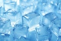 Close up of transparent ice cubes for drinks and cooling wet with water drops on blue background. Generative AI Royalty Free Stock Photo